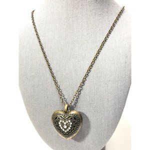 Women’s Heart Shape Pendant Necklace Large 32” Copper Toned Chain W/ Rhinestones
